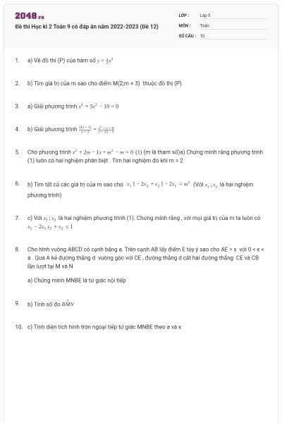 Đề thi Học kì 2 Toán 9 có đáp án năm 2022-2023 (Đề 12)