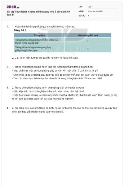 Bài tập Thực hành: Chứng minh quang hợp ở cây xanh có đáp án
