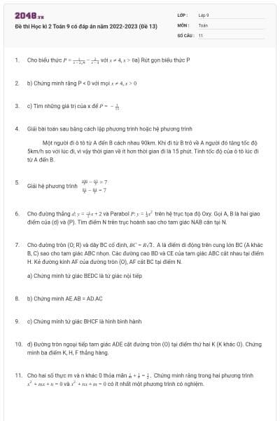 Đề thi Học kì 2 Toán 9 có đáp án năm 2022-2023 (Đề 13)