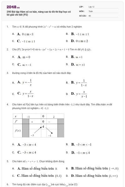 290 Bài tập Hàm số cơ bản, nâng cao từ đề thi Đại học có lời giải chi tiết (P2)