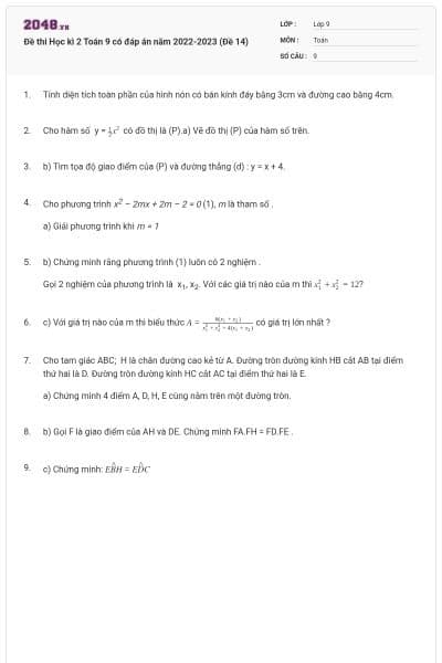 Đề thi Học kì 2 Toán 9 có đáp án năm 2022-2023 (Đề 14)