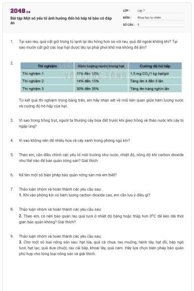 Bài tập Một số yếu tố ảnh hưởng đến hô hấp tế bào có đáp án