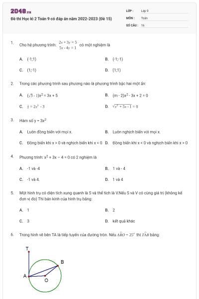 Đề thi Học kì 2 Toán 9 có đáp án năm 2022-2023 (Đề 15)