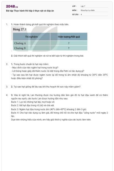 Bài tập Thực hành Hô hấp ở thực vật có đáp án