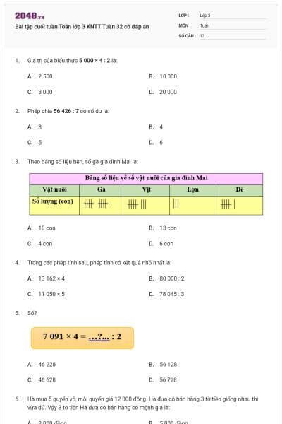 Bài tập cuối tuần Toán lớp 3 KNTT Tuần 32 có đáp án