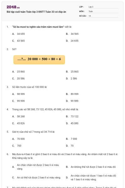 Bài tập cuối tuần Toán lớp 3 KNTT Tuần 33 có đáp án