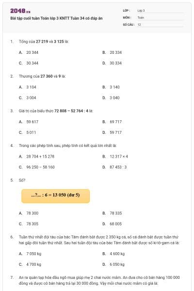 Bài tập cuối tuần Toán lớp 3 KNTT Tuần 34 có đáp án