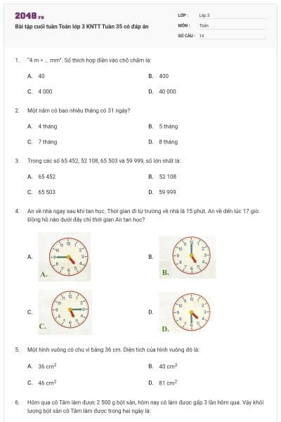 Bài tập cuối tuần Toán lớp 3 KNTT Tuần 35 có đáp án