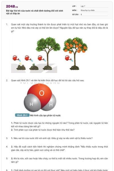 Bài tập Vai trò của nước và chất dinh dưỡng đối với sinh vật có đáp án