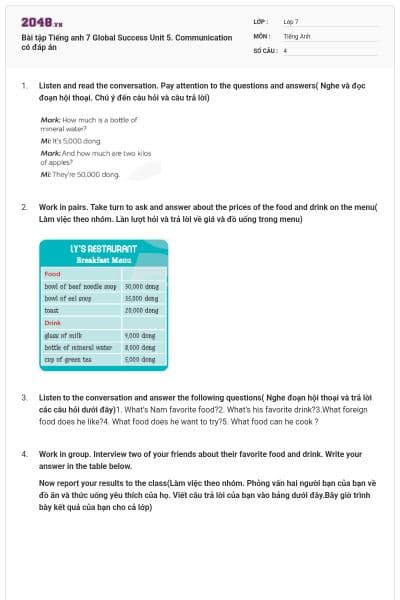 Bài tập Tiếng anh 7 Global Success Unit 5. Communication có đáp án