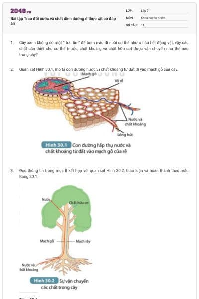 Bài tập Trao đổi nước và chất dinh dưỡng ở thực vật có đáp án