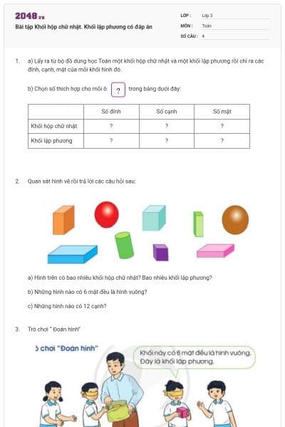 Bài tập Khối hộp chữ nhật. Khối lập phương có đáp án