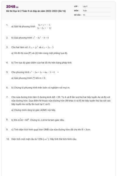 Đề thi Học kì 2 Toán 9 có đáp án năm 2022-2023 (Đề 16)