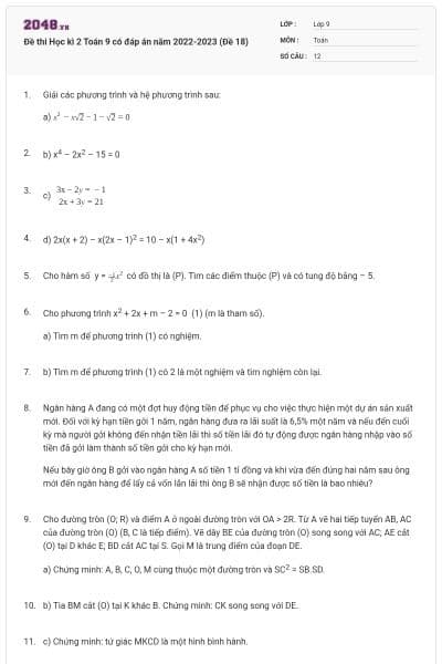 Đề thi Học kì 2 Toán 9 có đáp án năm 2022-2023 (Đề 18)