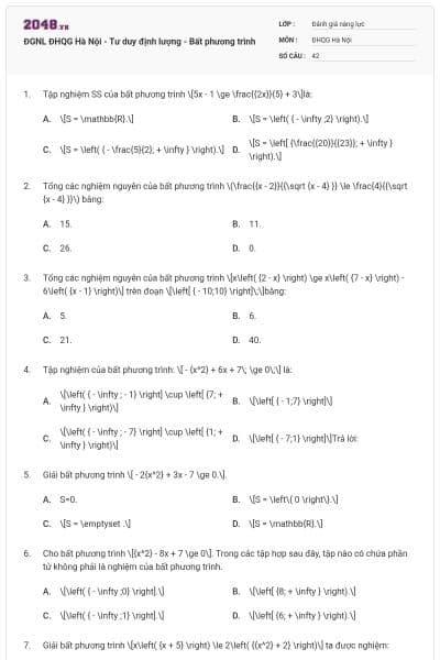 ĐGNL ĐHQG Hà Nội - Tư duy định lượng - Bất phương trình