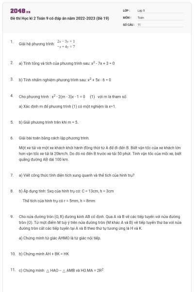Đề thi Học kì 2 Toán 9 có đáp án năm 2022-2023 (Đề 19)
