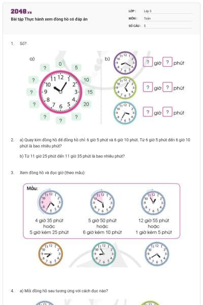 Bài tập Thực hành xem đồng hồ có đáp án
