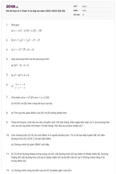 Đề thi Học kì 2 Toán 9 có đáp án năm 2022-2023 (Đề 20)