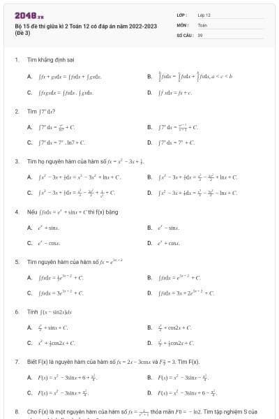 Bộ 15 đề thi giữa kì 2 Toán 12 có đáp án năm 2022-2023 (Đề 3)