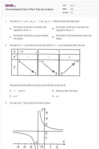 194 câu Chuyên đề Toán 12 Bài 4: Tiệm cận có đáp án