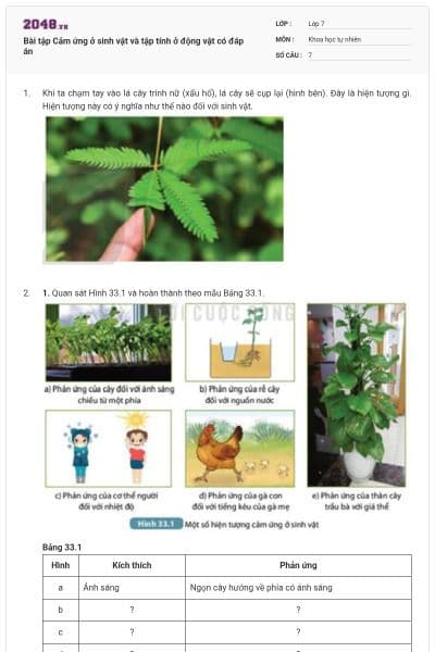 Bài tập Cảm ứng ở sinh vật và tập tính ở động vật có đáp án