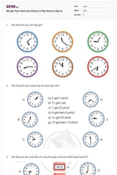 Bài tập Thực hành xem đồng hồ (Tiếp theo) có đáp án