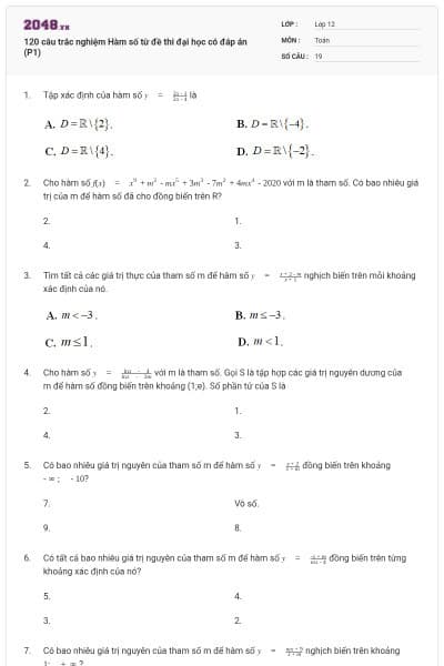 120 câu trắc nghiệm Hàm số từ đề thi đại học có đáp án (P1)