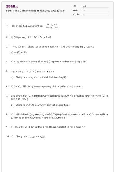 Đề thi Học kì 2 Toán 9 có đáp án năm 2022-2023 (Đề 21)