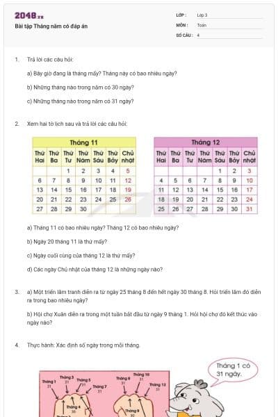 Bài tập Tháng năm có đáp án