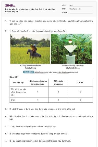 Bài tập Vận dụng hiện tượng cảm ứng ở sinh vật vào thực tiễn có đáp án