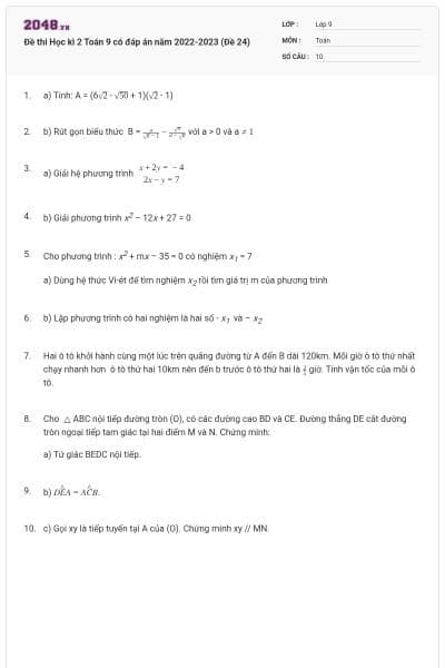 Đề thi Học kì 2 Toán 9 có đáp án năm 2022-2023 (Đề 24)