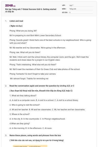 Bài tập Tiếng anh 7 Global Success Unit 6. Getting started có đáp án