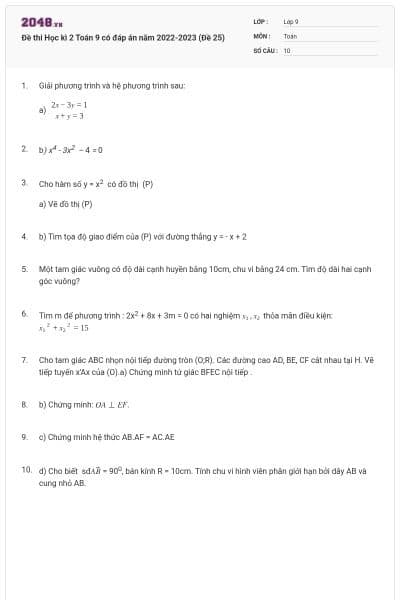 Đề thi Học kì 2 Toán 9 có đáp án năm 2022-2023 (Đề 25)