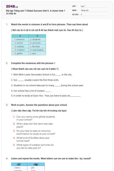 Bài tập Tiếng anh 7 Global Success Unit 6. A closer look 1 có đáp án