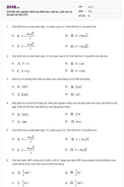 233 Bài trắc nghiệm Hình học Mặt nón, mặt trụ, mặt cầu có lời giải chi tiết (P3)