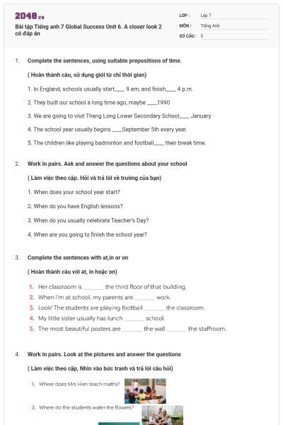 Bài tập Tiếng anh 7 Global Success Unit 6. A closer look 2 có đáp án