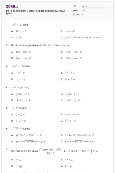 Bộ 15 đề thi giữa kì 2 Toán 12 có đáp án năm 2022-2023 (Đề 4)