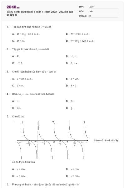 Bộ 20 đề thi giữa học kì 1 Toán 11 năm 2022 - 2023 có đáp án (Đề 1)