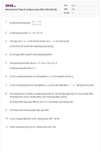 Đề thi Học kì 2 Toán 9 có đáp án năm 2022-2023 (Đề 26)