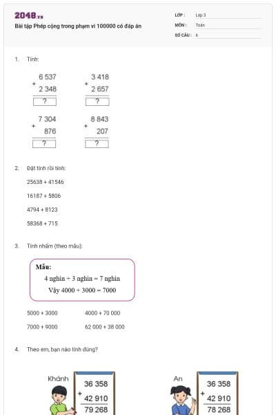 Bài tập Phép cộng trong phạm vi 100000 có đáp án