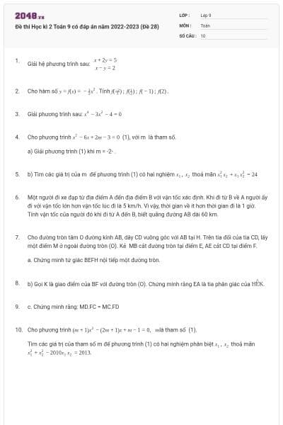 Đề thi Học kì 2 Toán 9 có đáp án năm 2022-2023 (Đề 28)