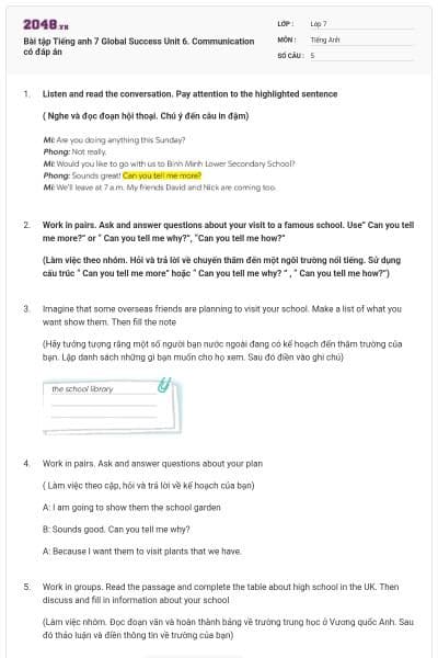 Bài tập Tiếng anh 7 Global Success Unit 6. Communication có đáp án
