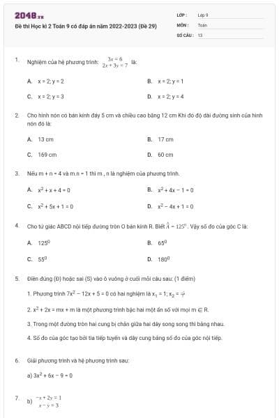 Đề thi Học kì 2 Toán 9 có đáp án năm 2022-2023 (Đề 29)