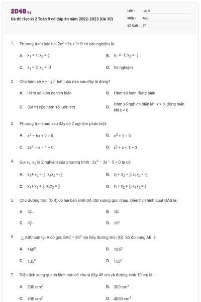 Đề thi Học kì 2 Toán 9 có đáp án năm 2022-2023 (Đề 30)
