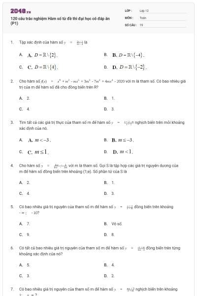 120 câu trắc nghiệm Hàm số từ đề thi đại học có đáp án (P1)