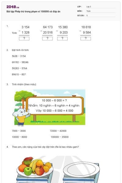 Bài tập Phép trừ trong phạm vi 100000 có đáp án