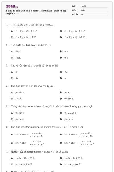 Bộ 20 đề thi giữa học kì 1 Toán 11 năm 2022 - 2023 có đáp án (Đề 3)