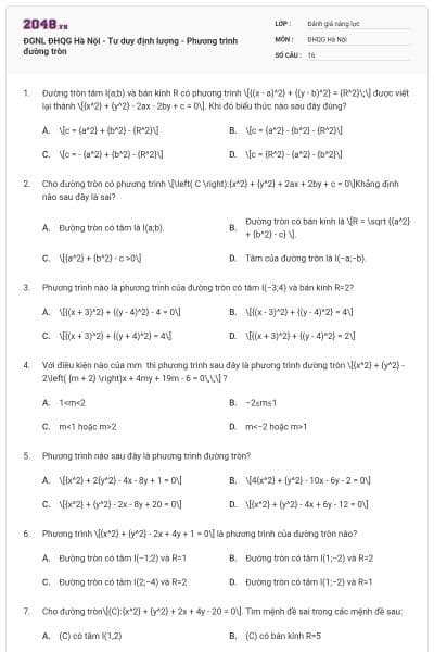 ĐGNL ĐHQG Hà Nội - Tư duy định lượng - Phương trình đường tròn