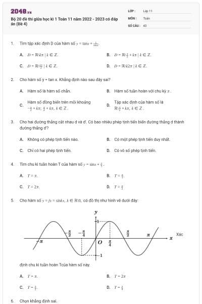 Bộ 20 đề thi giữa học kì 1 Toán 11 năm 2022 - 2023 có đáp án (Đề 4)
