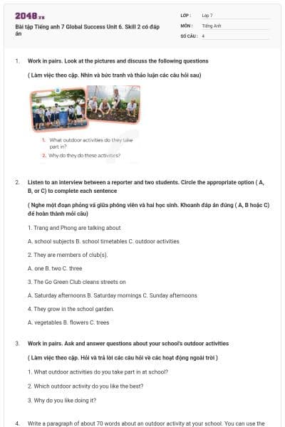 Bài tập Tiếng anh 7 Global Success Unit 6. Skill 2 có đáp án